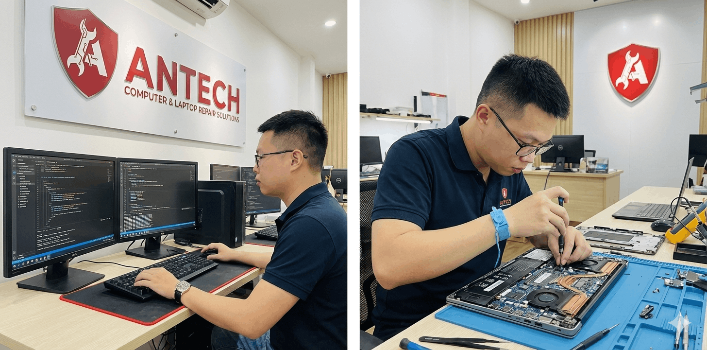 Kỹ thuật viên Antech đang sửa chữa laptop máy tính lấy ngay